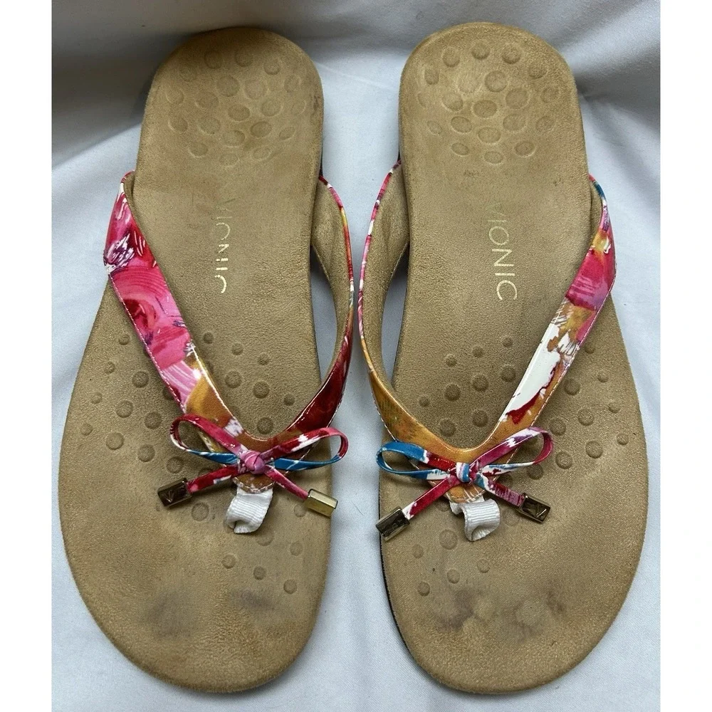Vionic Flip Flops Thong Sandals Womens Size 11 Bella Patent Colorful Rainbow Bow